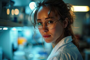 Fototapeta premium A skilled woman scientific researcher, adorned in a white lab coat, passionately conducts experiments in a cutting-edge laboratory. 