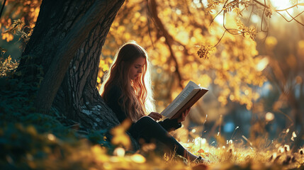 Woman reading a book under a tree in the forest nature sunset, Wide angle view background wallpaper autumns outdoor activity introvert bookworm fairy tale - obrazy, fototapety, plakaty