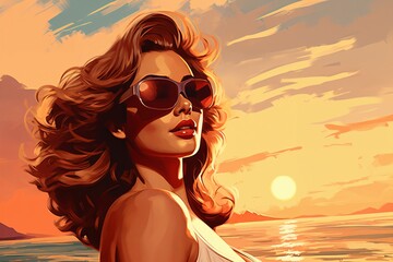 Obraz premium Portrait of a beautiful fashionable woman with a hairstyle and sunglasses, on a beach, at sunset, blue sky background. Illustration, poster in style of the 1960s