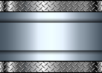 Silver metallic 3d background with banner in the center and diamond plate metal pattern.