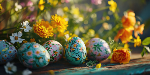 Obraz na płótnie Canvas Easter-themed still life with painted eggs and spring flowers