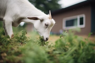 Fototapeta premium goat feeding on weeds in an overgrown yard