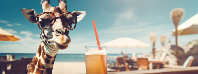 giraffe in glasses on the beach drinking a cocktail.Generative AI - obrazy, fototapety, plakaty