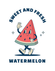 Retro cartoon watermelon character for packaging, print, poster. Vintage tropical fruit mascot Vector illustration.