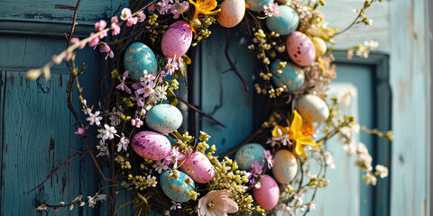Festive Easter wreath made of eggs and spring flowers on a door.