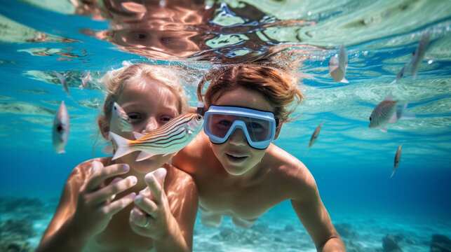 Underwater Exploration: Mother and Son Discovering Small Fish While Snorkeling in Maldives