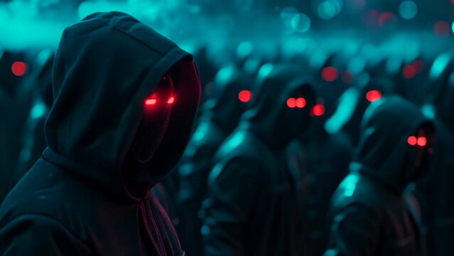 Cyberpunk hooded hacker clone army with glowing red eyes standing as a crowd