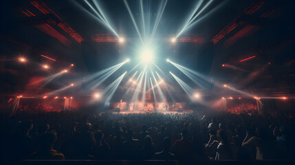 Fototapeta na wymiar A crowded concert hall along with stage lights