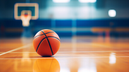 Basketball ball, Artistic image of a basketball on the court floor, An official orange ball on a hardwood basketball court, basketball ball on the court, Closeup of a basketball on the court, Ai gener