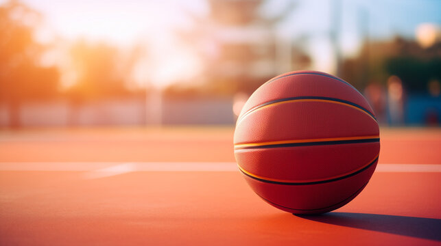 Basketball on the ground, Artistic image of a basketball on the court floor, An official orange ball on a hardwood basketball court, basketball ball on the court, Closeup of a basketball on the court,