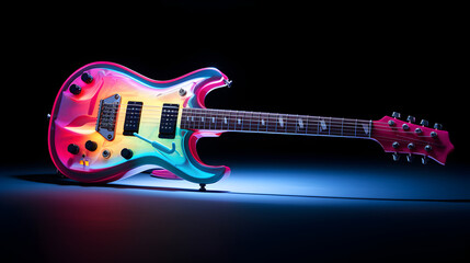 Neon-lit electric guitar showing timeless energy and rebellion while depicting music's power to unite generations - obrazy, fototapety, plakaty