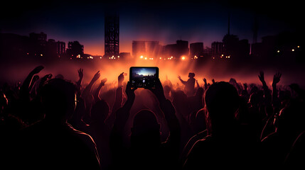 Photographing or filming the concert by using a smartphone, silhouette view