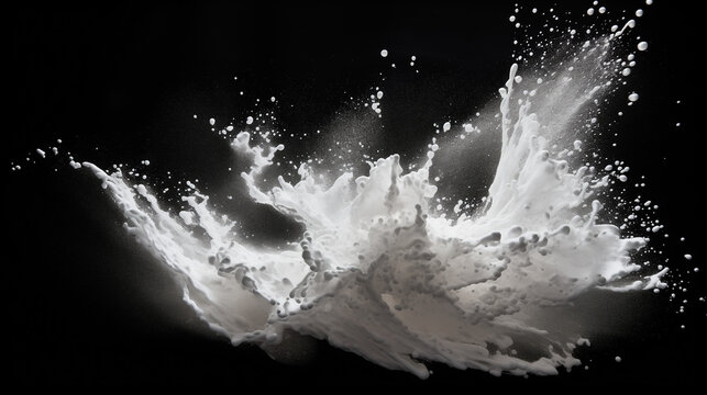 Splash isolated on black, Black and white splashes, white powder splash on black background, black and white smoke, Ai generated image  
