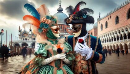 Couple with Venice carnival dresses. Costumed Couple in St. Mark's Square