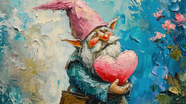 A Scandinavian gnome holding a big pink heart