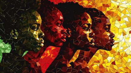 Black History Month. African American History in the United States. Red Yellow Green polygon mosaic. Freedom holiday. Celebrated annually in February. Poster, design art illustration - obrazy, fototapety, plakaty