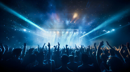 Live festival night club crowd cheering, stage lights and confetti falling, Cheering crowd and Blue lights. - obrazy, fototapety, plakaty