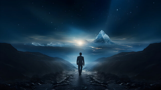 Landscape with businessman walking towards mountain at night - concept of sucess
