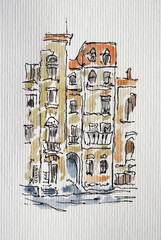 House sketch created with liner and watercolor. Color illustration on watercolor paper