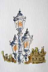 Street lights. City sketch created with liner and watercolor. Color illustration on watercolor paper - 703792341