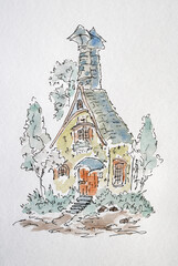 House sketch created with liner and watercolor. Color illustration on watercolor paper - 703792346
