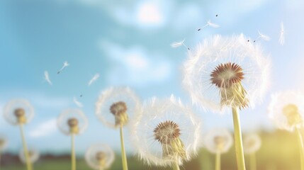 Close-Up Macro Shot of Delicate Dandelion Spores Blowing in the Wind - Nature's Fluffy Seed Dance in Summer Meadow
