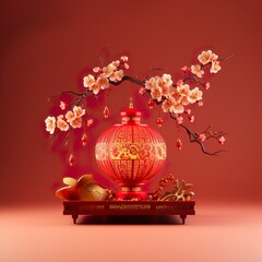 Chinese New Year 2024 year concept of the flowers, mandarins, festival decorations on red background. Flat lay, top view.