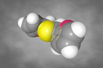 Difurfuryl sulfide, space-filling molecular model. Atoms are shown as spheres with conventional color coding: carbon (grey), oxygen (red), hydrogen (white)sulfur (yellow). 3d illustration