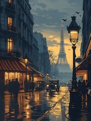 Paris at night vintage travel postcard