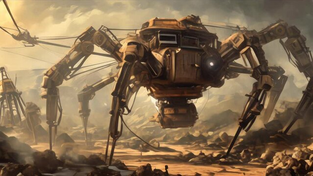 Steampunk spider walking machine in a desert landscape animation