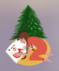New Year illustration girl reading book about Santa Claus