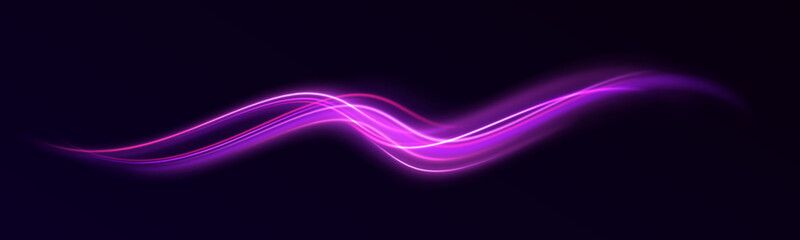 Neon swirls in a big set. Vector glitter light fire flare trace. Illustration of high speed concept. Acceleration speed motion on night road. 