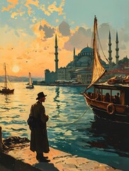 Istanbul Bosphorus vintage travel postcard