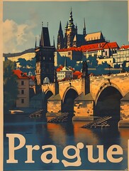 Prague charles bridge vintage travel postcard