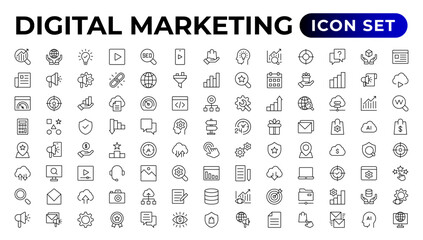 Fototapeta na wymiar Digital marketing icons set. Content, search, marketing, ecommerce, seo.