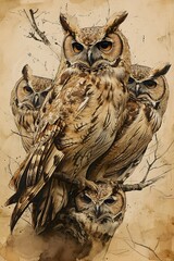 Owls vintage retro illustration