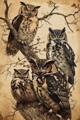 Owls vintage retro illustration