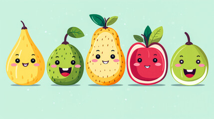 Cute cartoon fruits set. Kawaii characters emoji fruit, apple, peach, orange, pear and lemon, 3d style. Funny emotion food illustration for phone case, kids, package, sticker, patch - obrazy, fototapety, plakaty