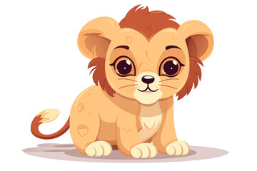 Obraz premium Cute 3D amusing little lion with big eyes kids cartoon illustration isolated. Funny lovely lion, hand drawn comic painting for package, postcard, brochure, book, greeting card