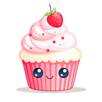 Cupcake delicious 3D close up, funny cartoon cute character decorated cutout minimal isolated on white, ultra realistic cupcake, icon, detailed.