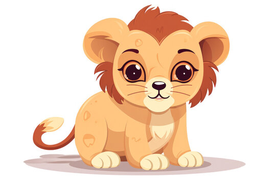 Cute 3D amusing little lion with big eyes kids cartoon illustration isolated. Funny lovely lion, hand drawn comic painting for package, postcard, brochure, book, greeting card