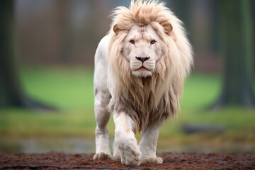 white lion standing isolated in habitat