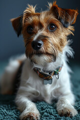 portrait of cute and young jack russell terrier dog at home, in interior