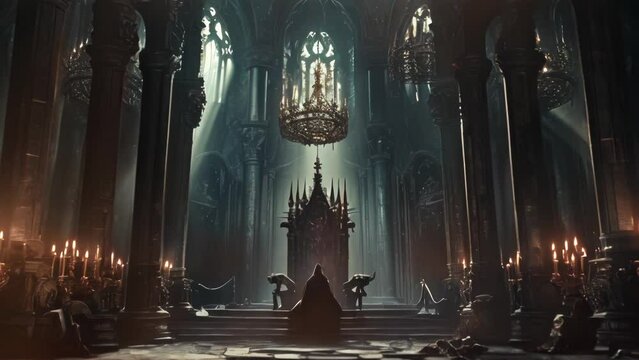 A fantasy throne in a great gothic style hall zooming in animation