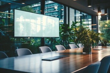 Modern Office Conference Room with Blank Whiteboard and Plants