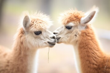 llama pair nuzzling, soft focus