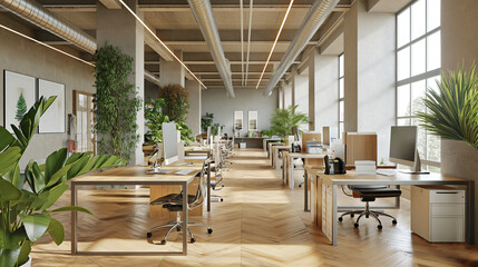 Open-Concept Office with Individual Minimalist Desks - obrazy, fototapety, plakaty