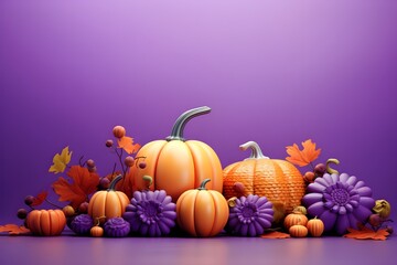 Halloween flat lay composition with pumpkins bony hands spiders bats on purple background Happy
