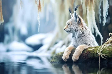 Gordijnen pensive lynx sitting by icy forest stream © primopiano