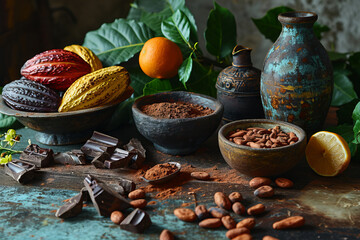 Cocoa beans, cocoa powder and fruits on a dark background